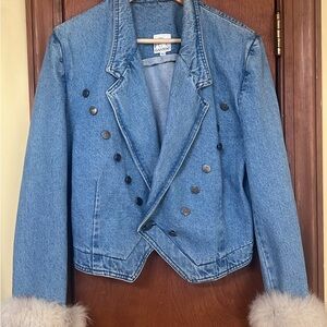 1970s Denim Penny Lane Jacket Double Breasted Military Buttons Fur Cuffs